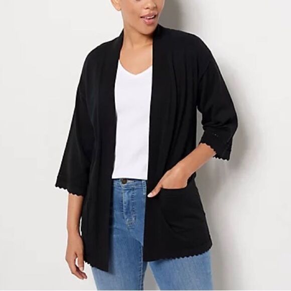 Isaac Mizrahi Live! Scallop Trim Sweater Cardigan with Pockets - Picture 1 of 8